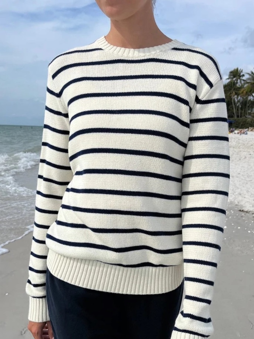 Brandy Melville Cream and Navy Striped Crewneck Sweater